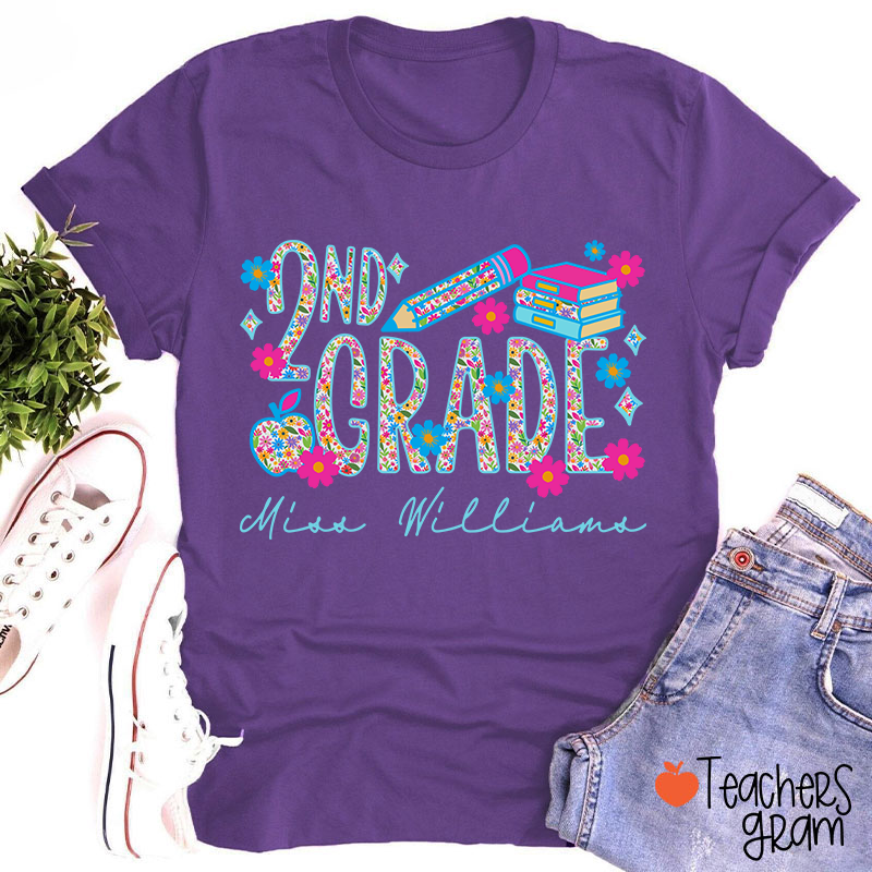 Personalized Grade And Name Flower Fonts Apple Pencil Teacher T-Shirt