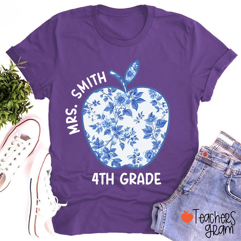 Personalized Grade And Name Blue And White Porcelain Apple Teacher T-Shirt