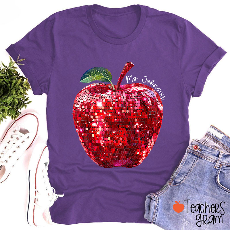 Personalized Red Glitter Apple And Name Teacher T-Shirt