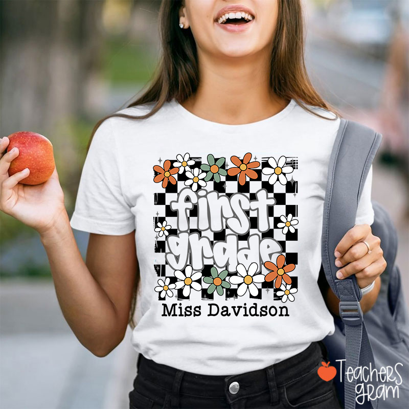 Personalized Text And Name Checkered Flowers Teacher T-Shirt