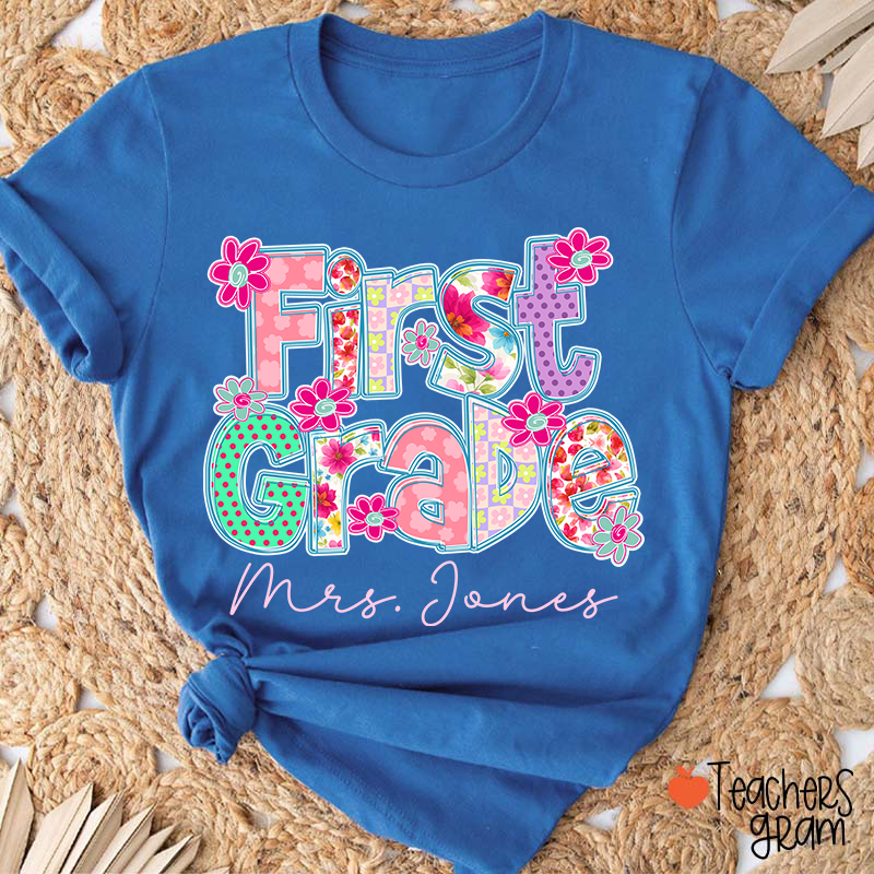 Personalized Grade Flowers Font Teacher T-Shirt