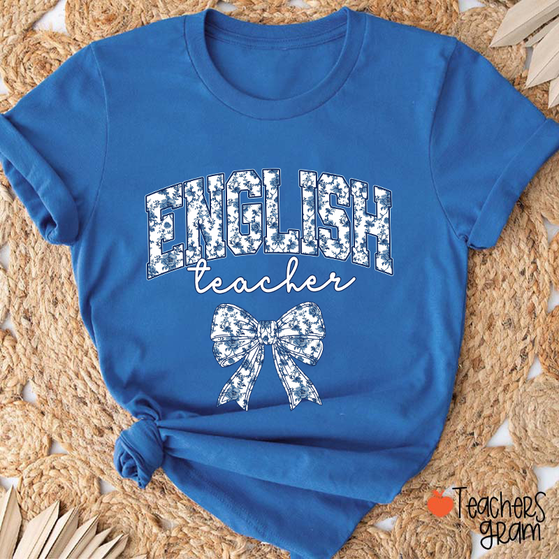 Personalized Text Blue And White Porcelain Bow Teacher T-Shirt