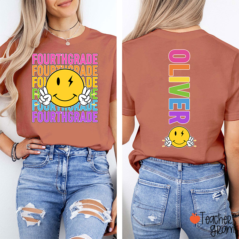 Personalized Grade And Name Smiley Face Teacher Two Sided T-Shirt