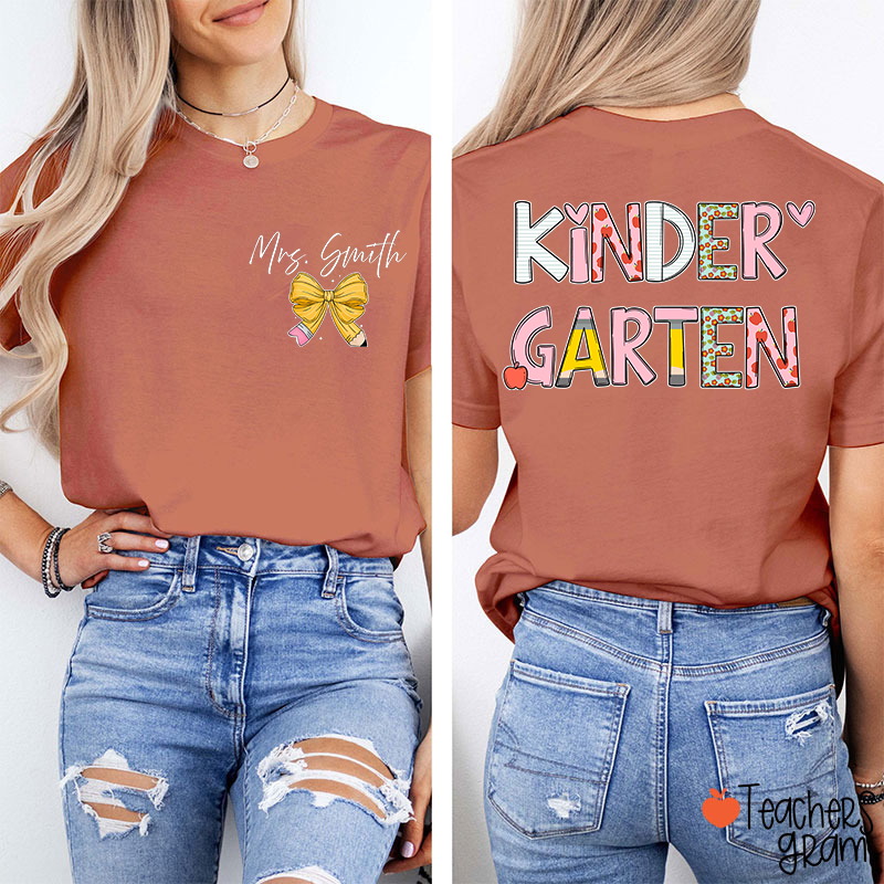 Personalized Grade Stationery  Heart Apple Pencil Teacher Two Sided T-Shirt