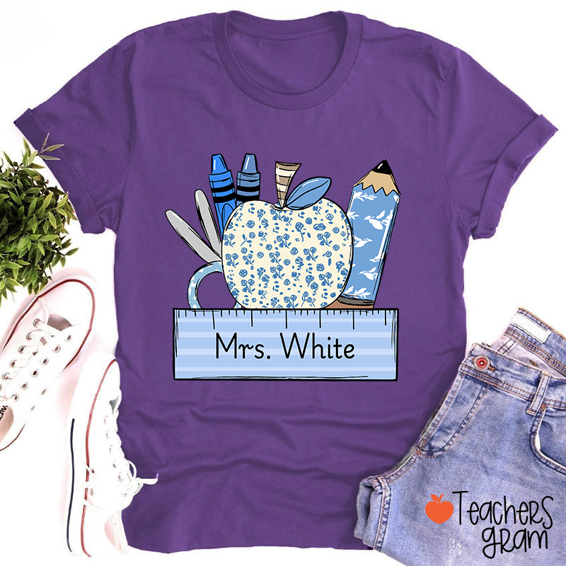 Personalized Name Blue Apple Pencil Crayon Scissors Ruler Teacher T-Shirt