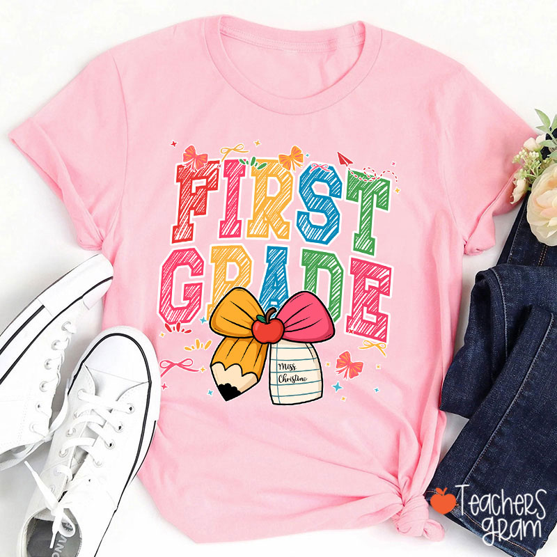 Personalized Grade Name Bow Hand-Drawn Pencil Apple Teacher T-Shirt
