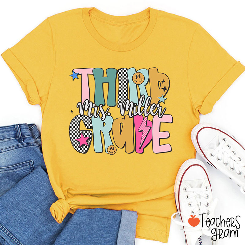 Personalized Grade Checkered Smiley Lightning Teacher T-Shirt