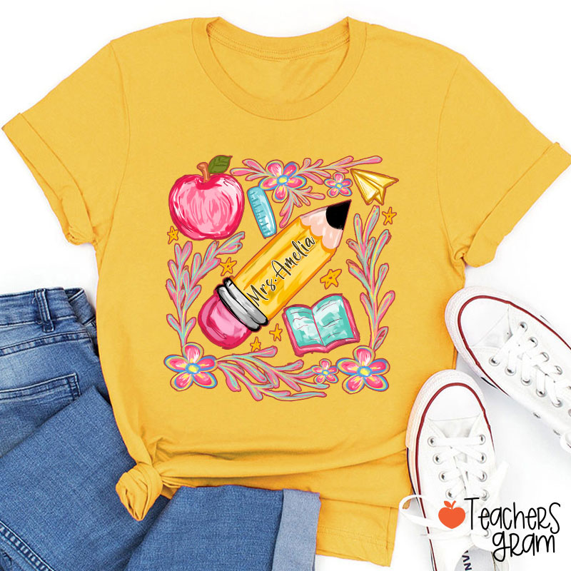 Flowers Pencil Apple Book Star Teacher T-Shirt