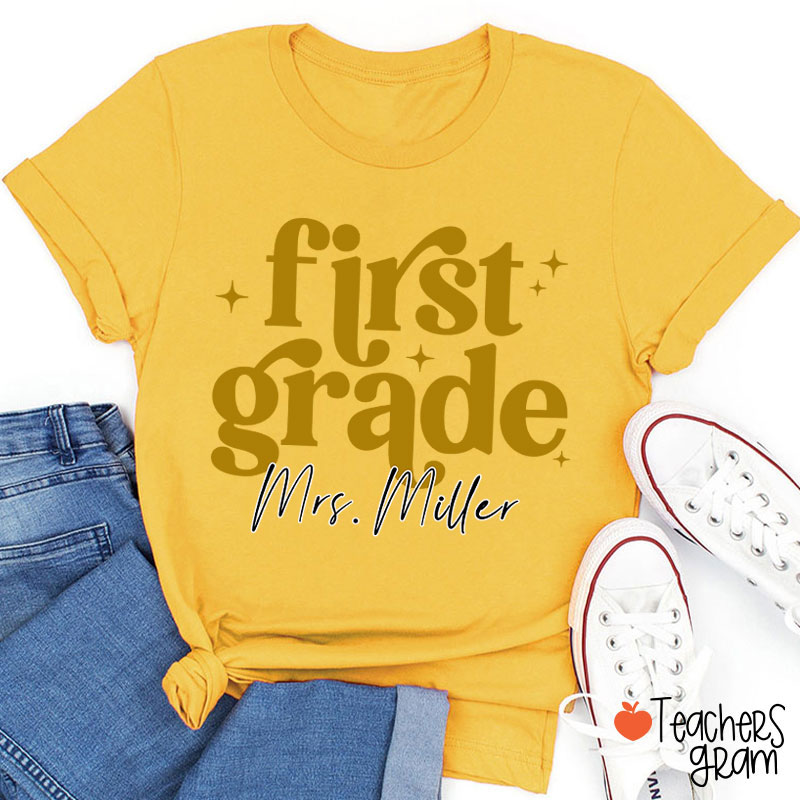 Personalized Grade Name Monochrome Stars Teacher T-Shirt