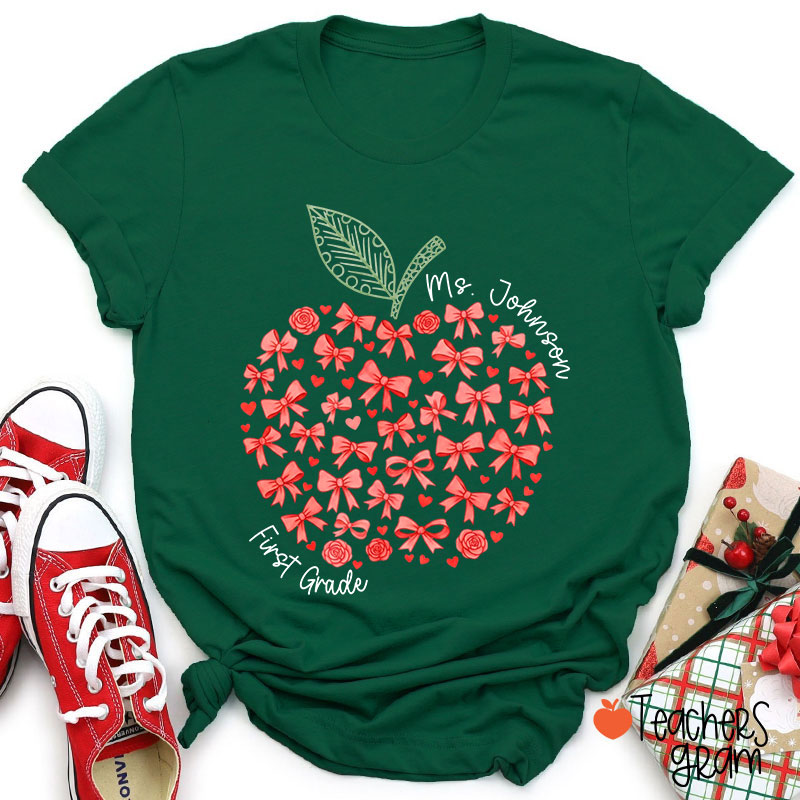 Personalized Name Or Grade Bow Apple Teacher T-Shirt