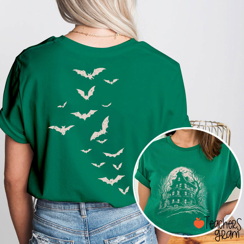 Vintage Haunted House Spooky Season Teacher Two Sided T-Shirt