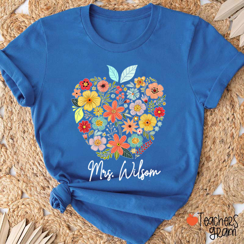 Personalized Floral Apple Name Teacher T-Shirt