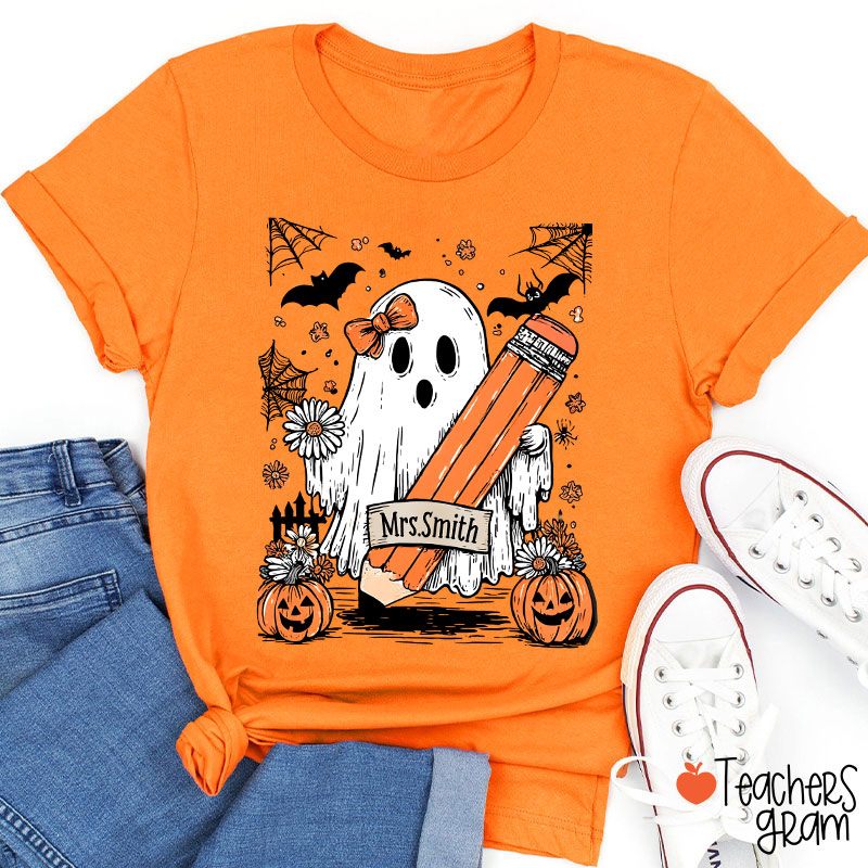 Personalized Name Cute Ghost Floral Halloween Teacher T-Shirt