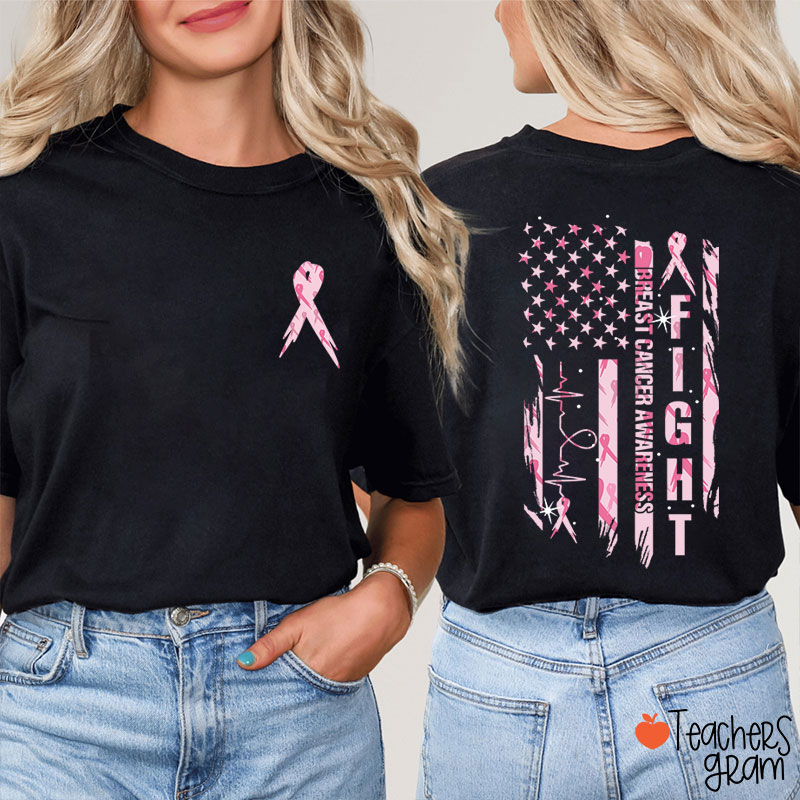 Pink Ribbon Fight Breast Cancer Awareness Teacher Two Sided T-Shirt