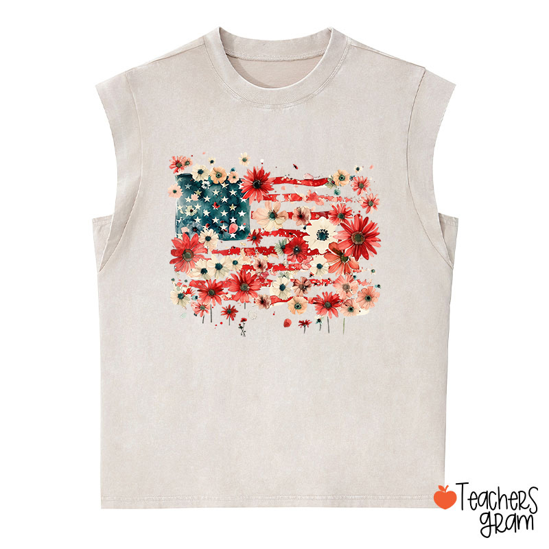 American Flag Floral Teacher Washed Tank Top
