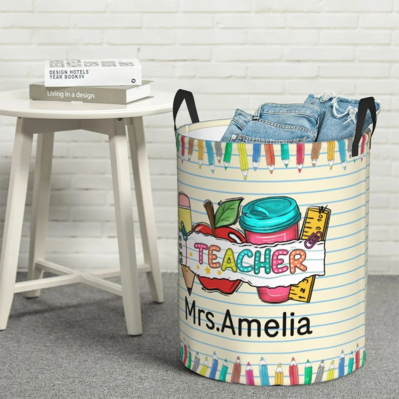 Personalized Name Letter Pencil Apple Theme Waterproof Laundry Storage Basket