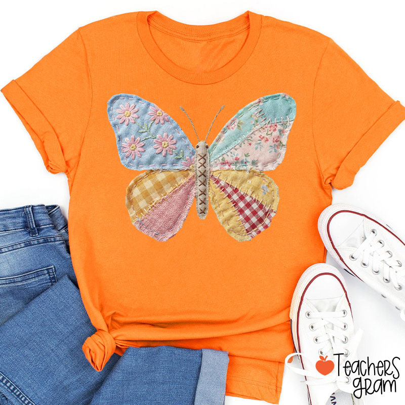 Faux Patchwork Butterfly Teacher T-Shirt