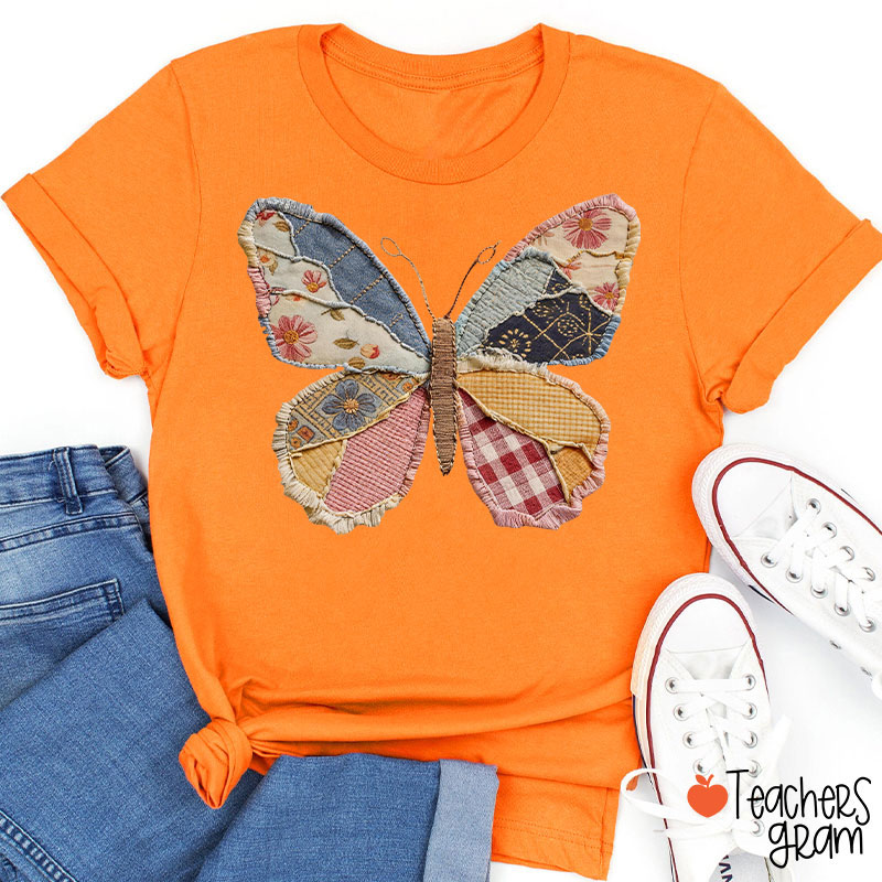  Faux Patchwork Butterfly Teacher T-Shirt