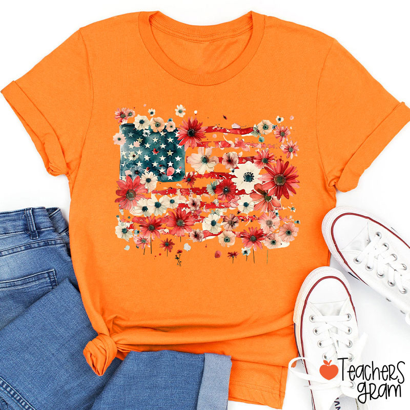 American Flag Floral Teacher T-Shirt