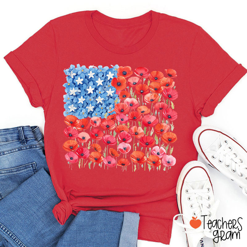 Floral USA Flag 250th Anniversary Teacher T-Shirt