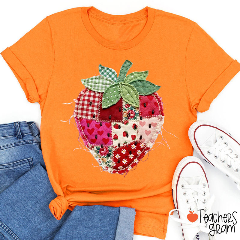 Faux Patchwork Strawberry Teacher T-Shirt