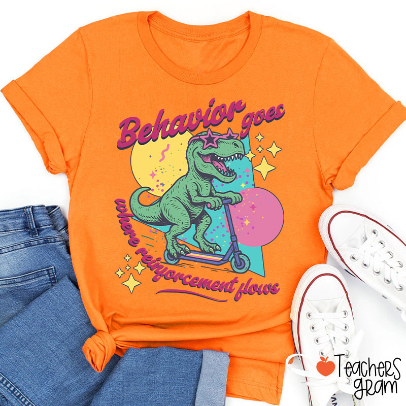 Dinosaur Behavior Goes Where Reinforcement Flows Teacher T-Shirt