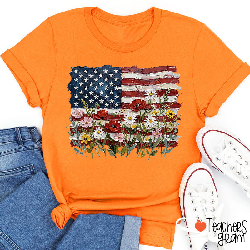 American Flag Floral Teacher T-Shirt