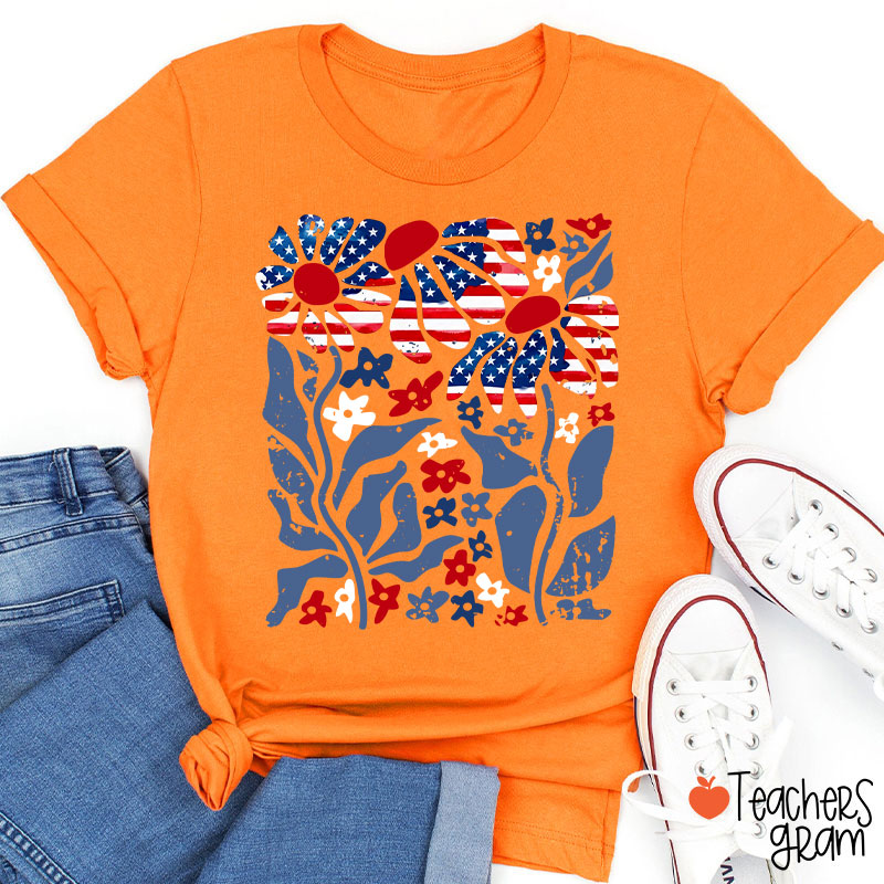 Boho Patriotic Daisy American Flag Floral Teacher T-Shirt