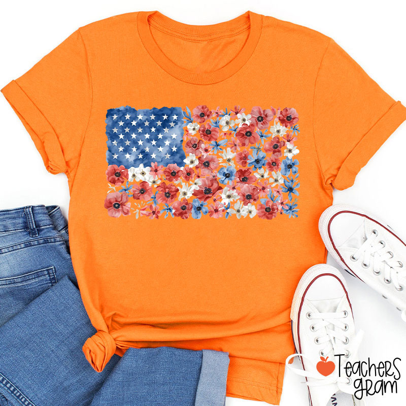 Vintage Floral USA Flag Teacher T-Shirt
