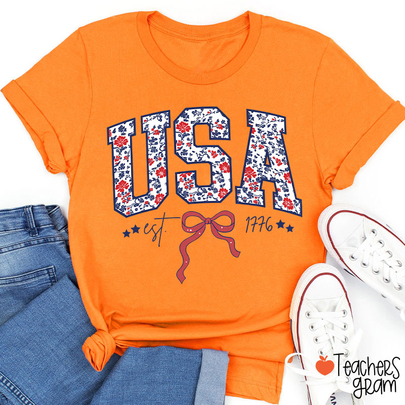 Floral USA Coquette Patriotic Teacher T-Shirt