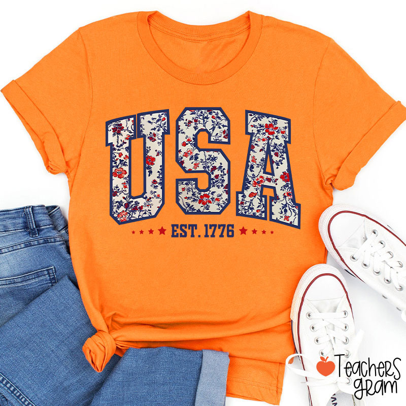 Retro Floral USA Teacher T-Shirt