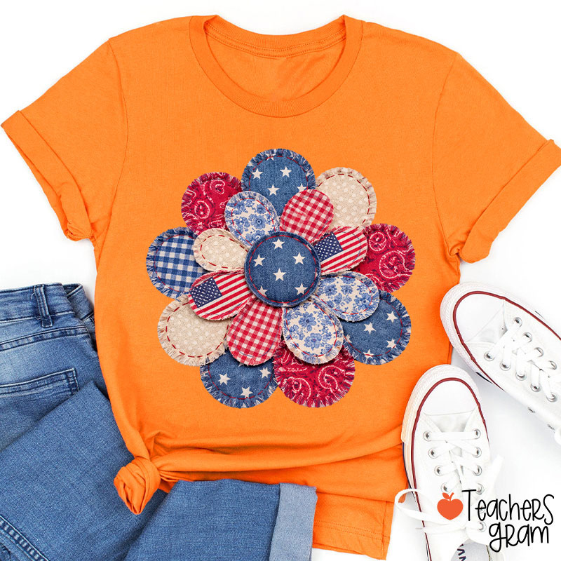 Faux Patchwork American Flag Flower Teacher T-Shirt