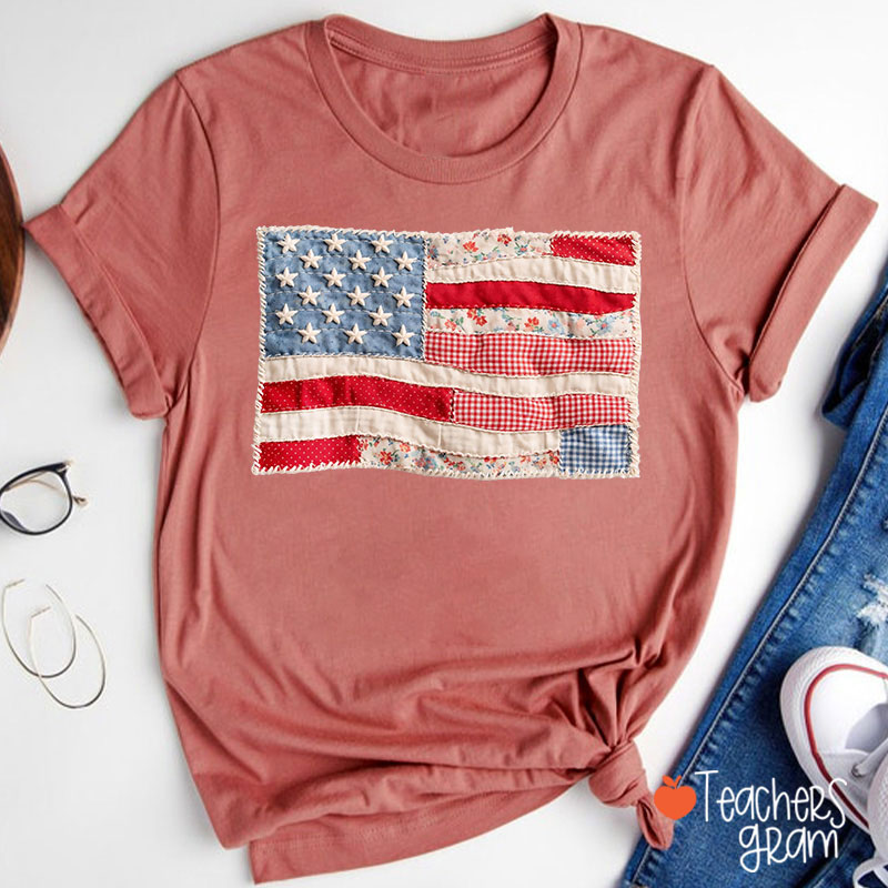 Faux Patchwork American Flag Teacher T-Shirt