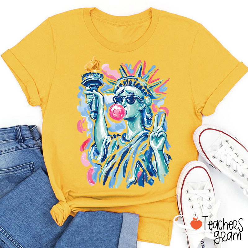 Preppy Statue Of Liberty Blowing Bubble Teacher T-Shirt