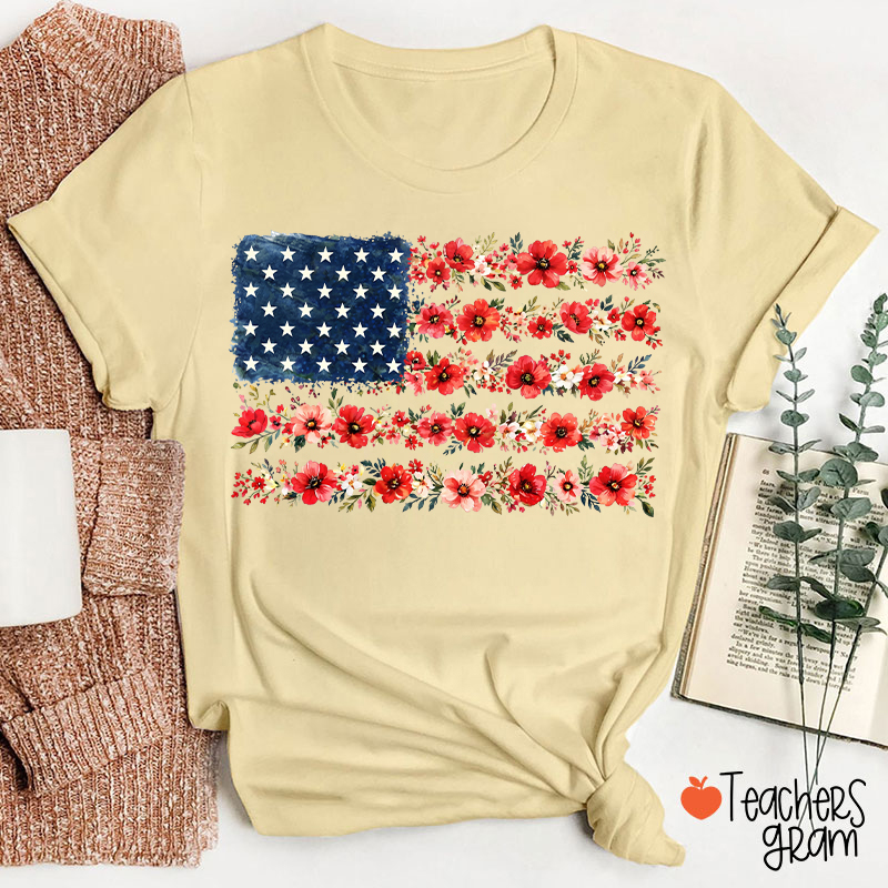 American Flag Wild Flower Teacher T-Shirt