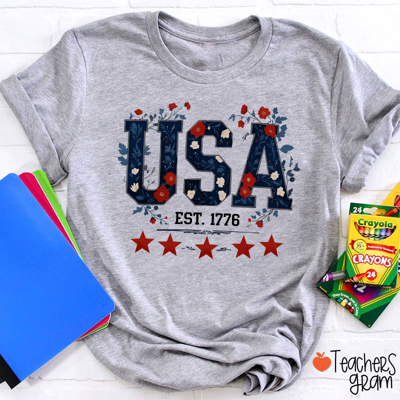 Floral USA Est 1776 Teacher T-Shirt