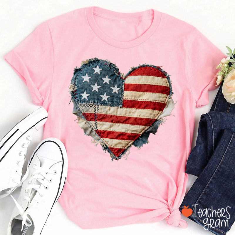 Faux Patchwork American Flag Heart Teacher T-Shirt