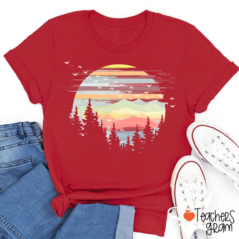 Retro Mountain Sunset Forest And Birds Teacher T-Shirt