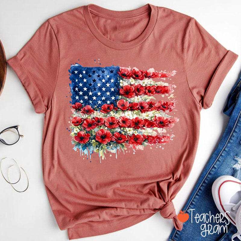 4th Of July Floral American Flag Teacher T-Shirt