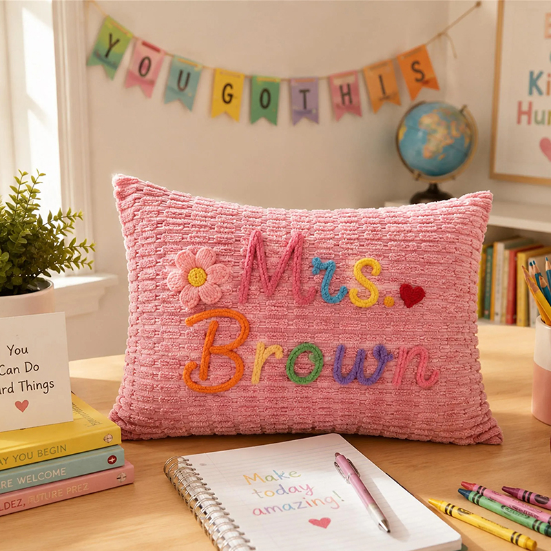 Personalized Embroidered Name Corduroy Teacher Pillow Cover