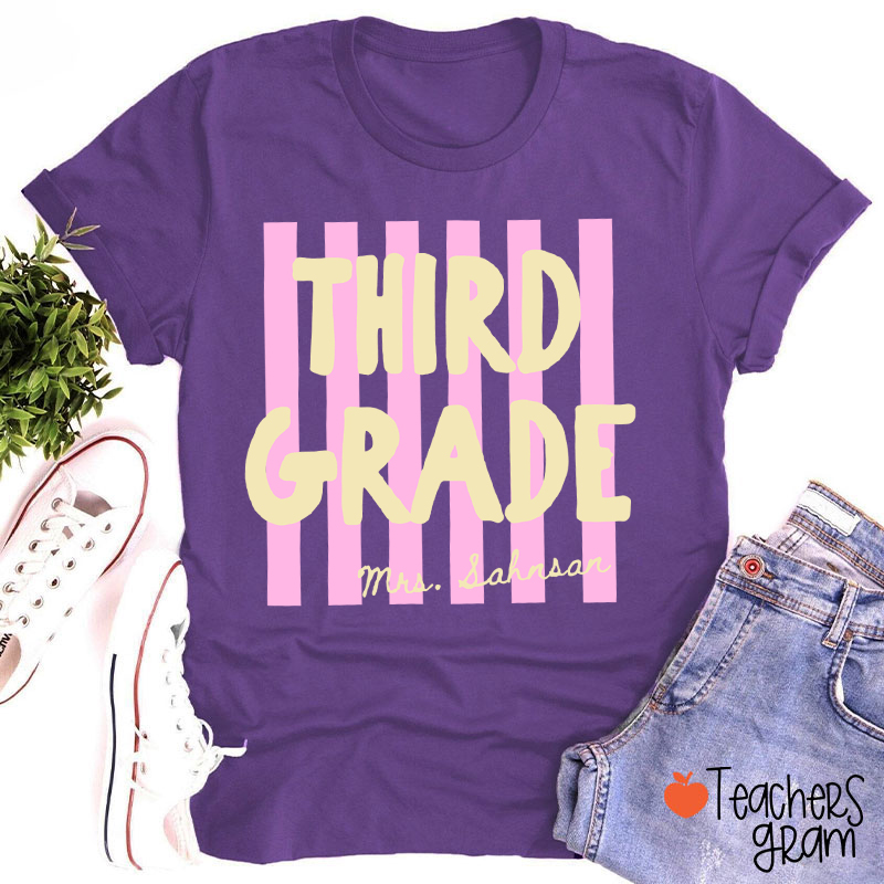Personalized Grade And Name Pink Stripes Teacher T-Shirt