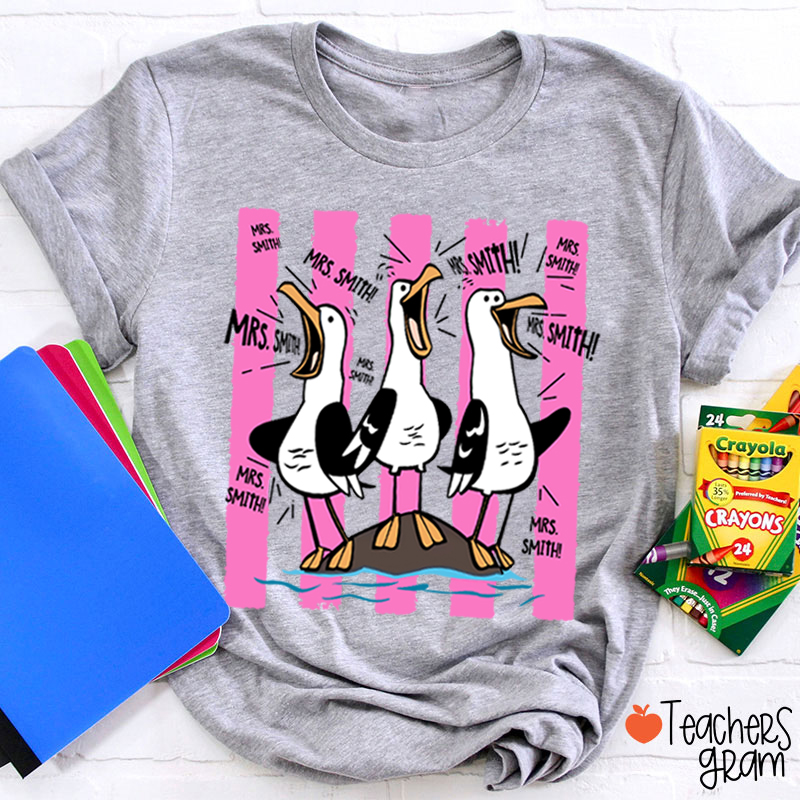 Personalized Pink Stripes Seagull Meme Teacher T-Shirt