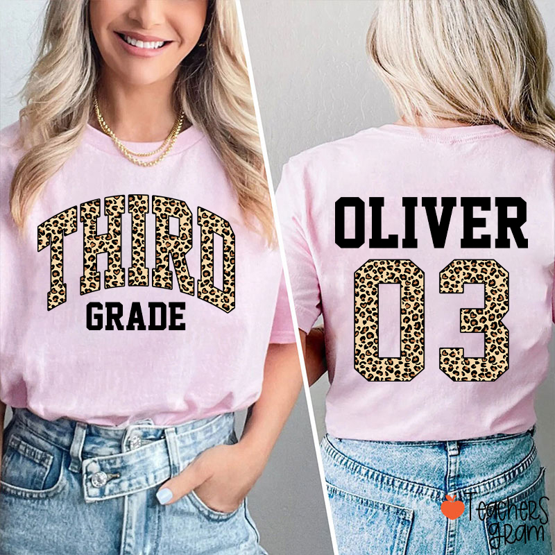 Personalized Grade Name Leopard Print Number Teacher Two Sided T-Shirt