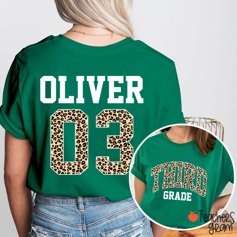 Personalized Grade Name Leopard Print Number Teacher Two Sided T-Shirt