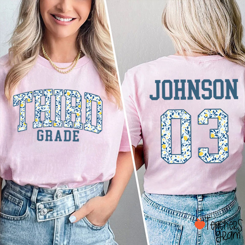Personalized Grade And Name Floral Letter Teacher Two Sided T-Shirt