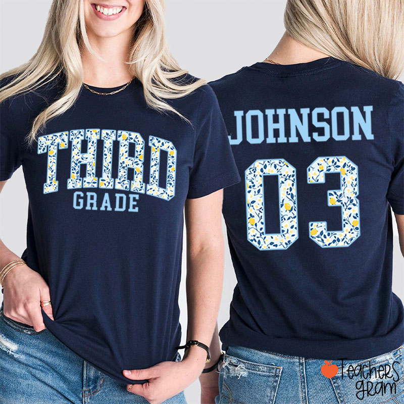 Personalized Grade And Name Floral Letter Teacher Two Sided T-Shirt