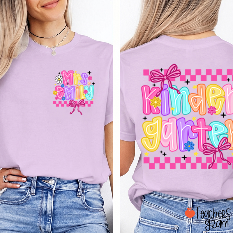 Personalized Grade And Name Checkered Bow Teacher Two Sided T-Shirt