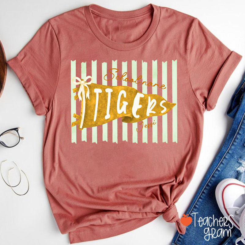 Personalized Mascot School Spirit Stripes Pennant Teacher T-Shirt