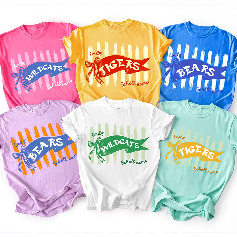 Personalized Mascot Pennant Bow Vertical Stripe Teacher T-Shirt