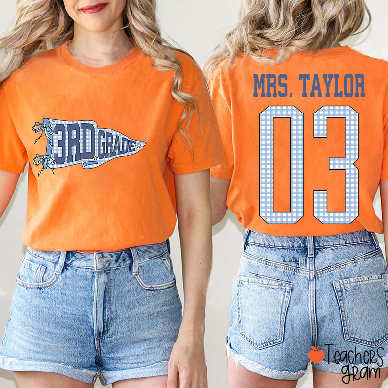 Personalized Grade Pennant Blue Gingham Teacher Two Sided T-Shirt